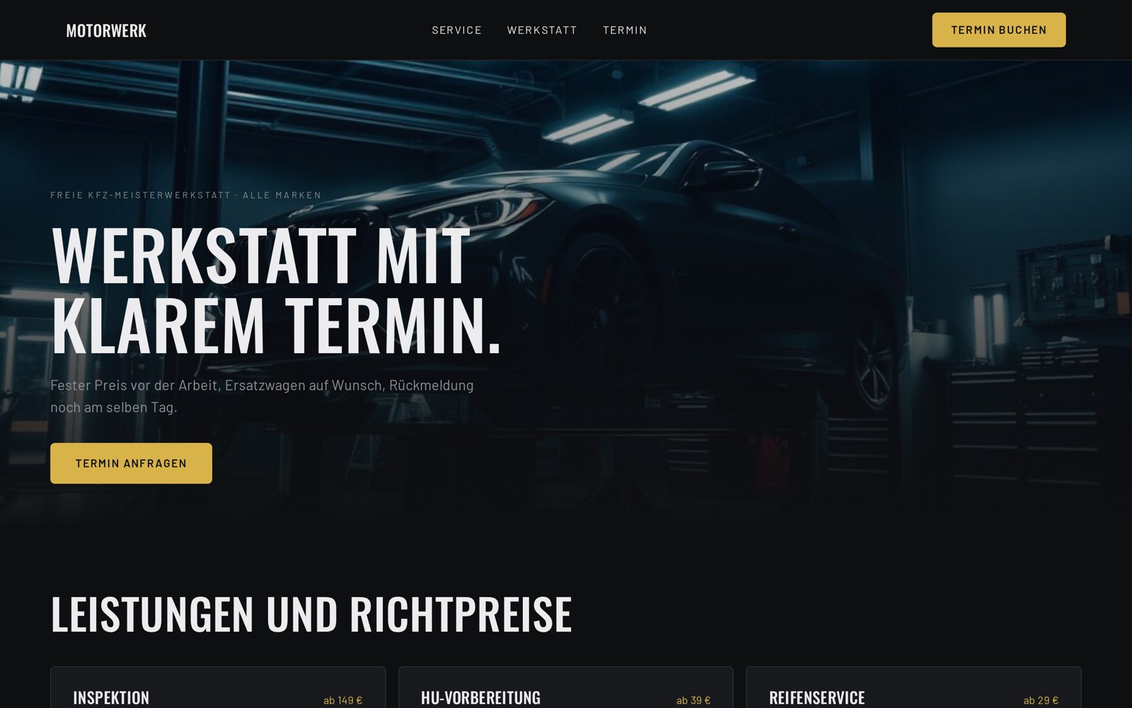 Bildschirmaufnahme der Beispielwebsite Autoservice Reinhardt
