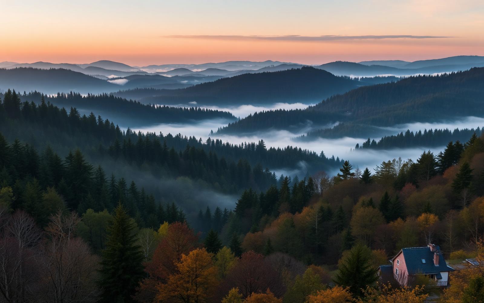 Hügelige Landschaft in Südthüringen bei Sonnenuntergang