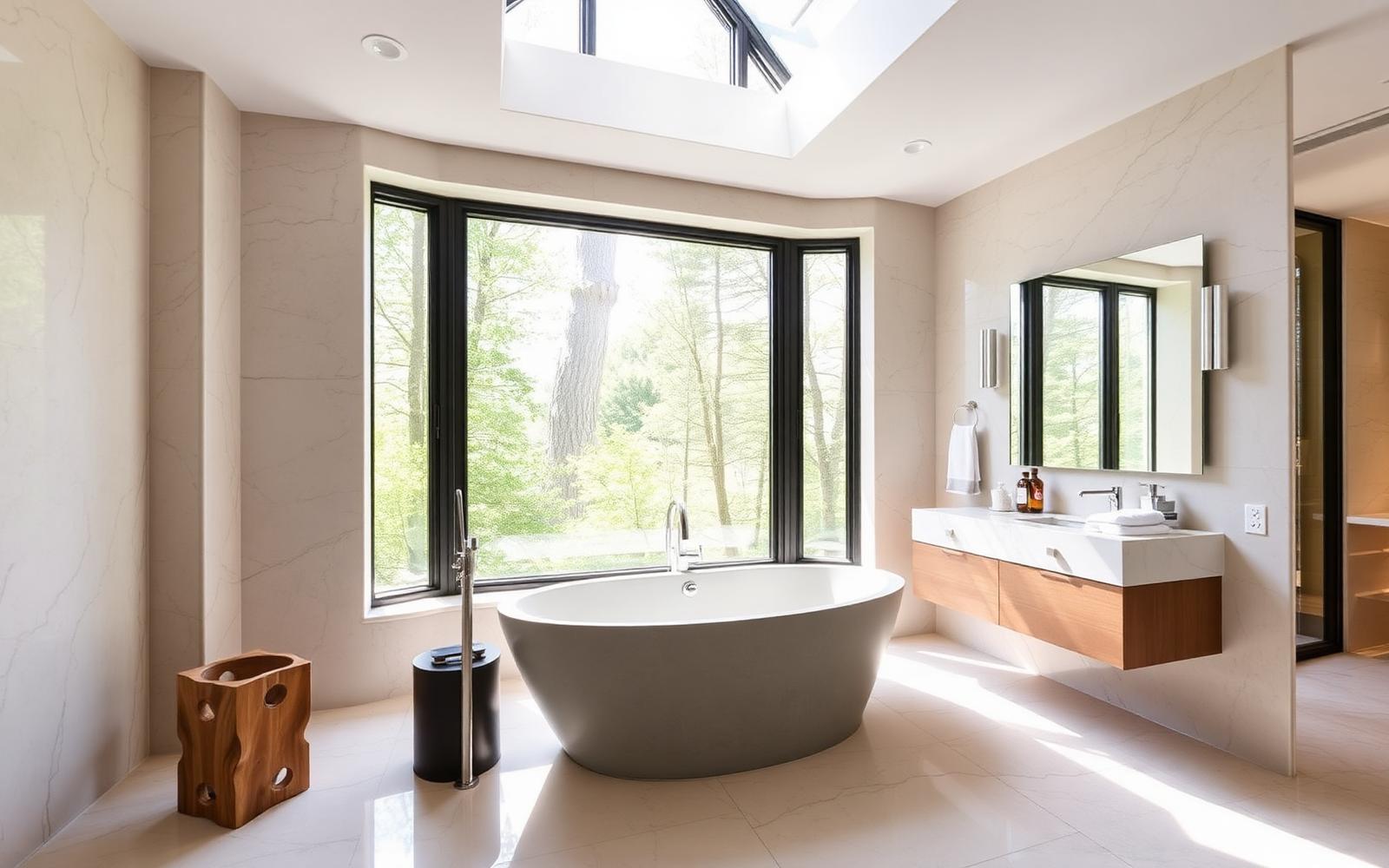 Helles Bad mit freistehender Wanne und Natursteinwand
