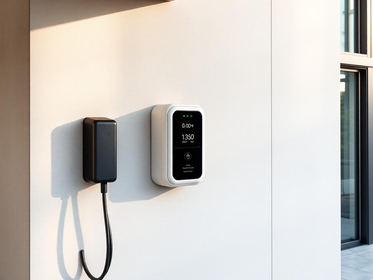 Wallbox an einer Hauswand mit angeschlossenem Fahrzeug