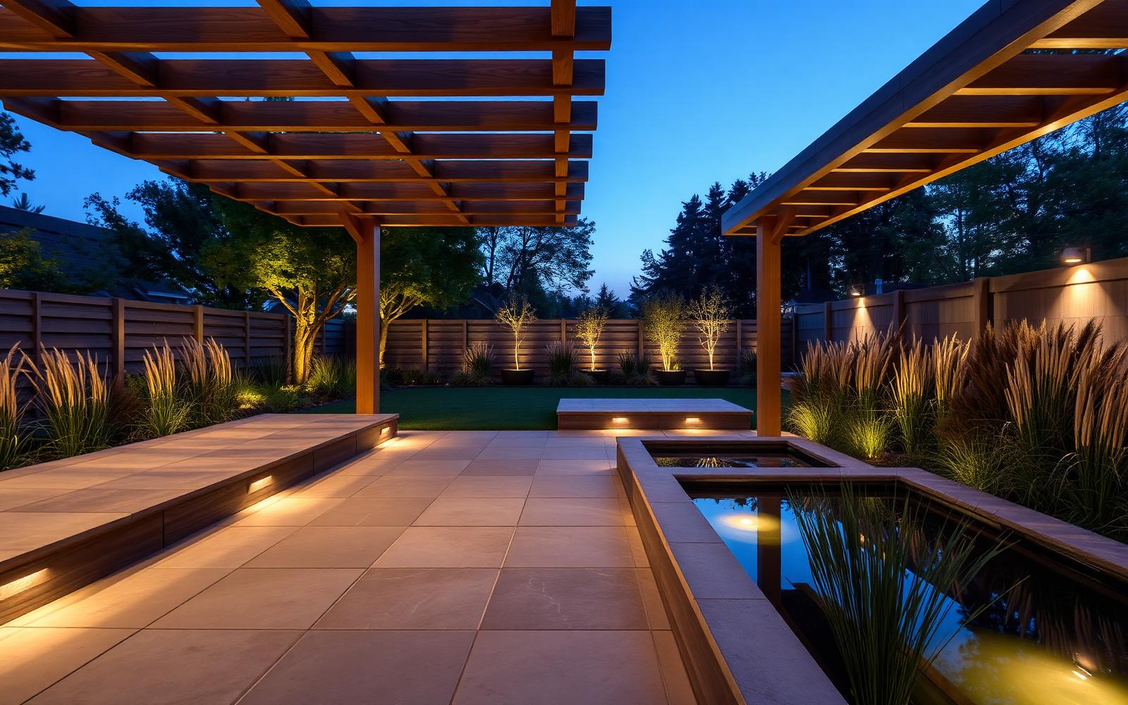 Moderne Gartenterrasse mit Pergola und Wasserbecken in der Dämmerung